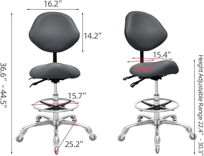 Saddle Stool Chair with Back Support Footrest, Heavy-Duty(350LBS), Hydraulic Rolling Swivel Adjustable Stool Chair for Salon Spa Beauty Massage Dental Clinic Home Office Use(Grey)