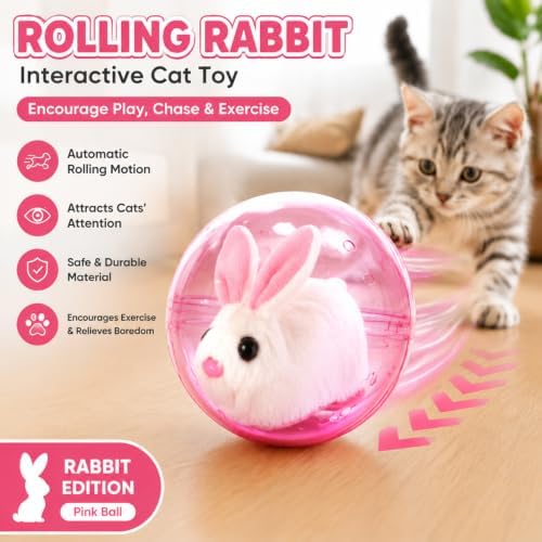 Electric Hamster Ball Cat Toy – Automatic Rolling Animal Pet Rolling Ball, Interactive Hamster Ball Cat Toy for Indoor Cats Exercise and Chase Play (Rabbit(Pink))