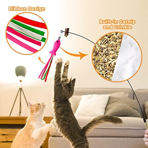 Cat Wand Toys with Silvervine and Bells, 2 Wands and 6 Refills