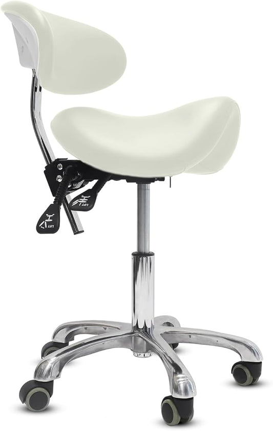Saddle Stool with Wheels,3-Way Function Rolling Stool with Back Support,Ergonomic Stool Saddle Stool for Hair Stylist for Dentist Salon Tattoo(White)