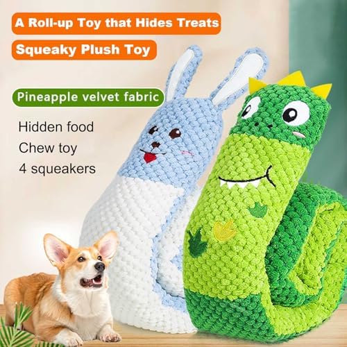 Plush Dog Toys, Long Foldable Squeaky Chew Pet Toys (Blue Dinosaur)