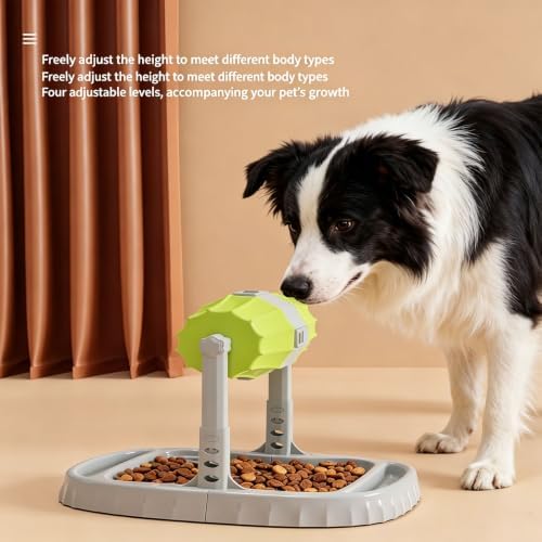 Interactive Dog Feeder with Rotating Dispensing Drum, Puzzle Slow Bowl and 4-Position Adjustable Stand for Indoor Mealtime Cats Food Treats Dispenser Toy