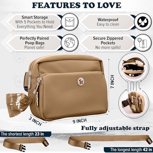 Puppington 3-in-1 Crossbody Dog Walking Bag & Dog Treat Pouch for Pet Training - Matching Compostable Poop Bags, Built-In Poop Bag Dispenser & Slow-Feeding Travel Bowl (Latte Beige)