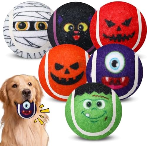 Civaner 6 Pcs Halloween Dog Toys Bulk, 2.5 Inch Squeaky Tennis Balls Gifts
