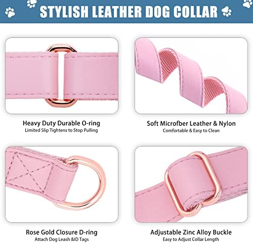 Soft Leather Martingale Dog Collar - Adjustable Rose Gold Limited Slip Collars [Easy to Clean], Stylish Durable Heavy Duty Nylon No Pull Training Collar for Small Medium Large Dogs (L, Set Pink)