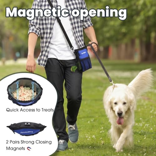 FDog Treat Pouch, 4 Cup Training Bag, Magnetic Closure, 3 Way Wear, Blue | 600D waterproof Oxford fabric, multi pocket storage, zipper and mesh pockets, pull out poop bag dispenser, includes 2 rolls