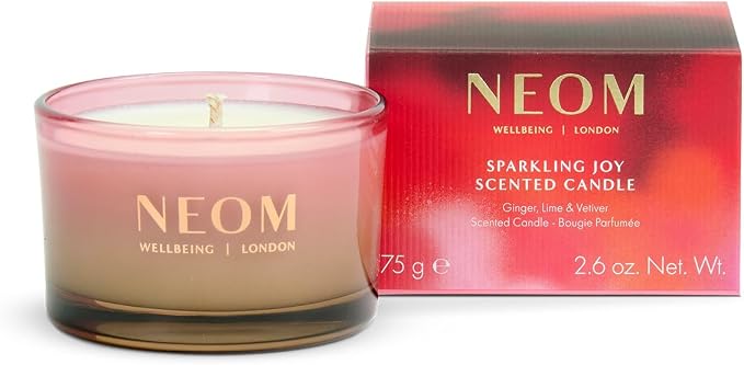 NEOM Sparkling Joy Travel Candle, 1 Wick, 75g I Ginger, Lime and Vetiver I 100% Naturally Derived Wax I 100% Natural Fragrances I Invigorating