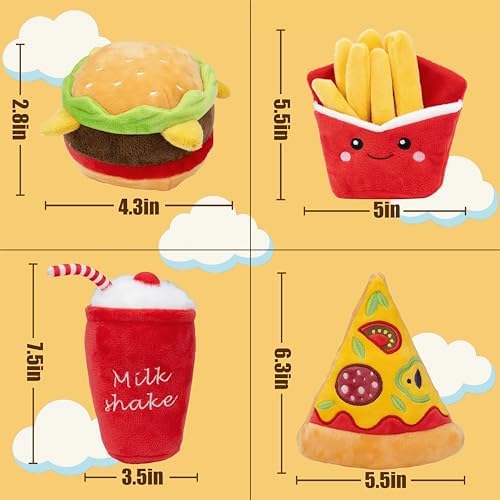 Plush Dog Toy Food Shaped Stuffed Pet Toys Puppy with Squeaker Crinkle Funny Cute Interactive Gift Relieve Anxiety Aggressive Play [4pcs] Fast Food Set