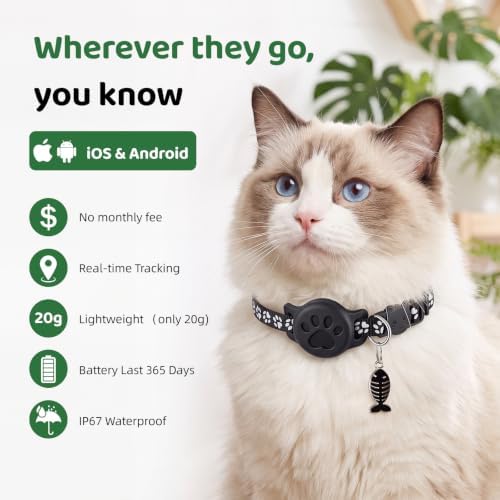 GPS Pet Tracker Collar, Mini Smart Real Time Tracking Tag for Cats Dogs, No Monthly Fee or SIM Breakaway Collars, IP68 Waterproof Detachable Finder 365-Day Battery Compatible with Apple iOS & Android