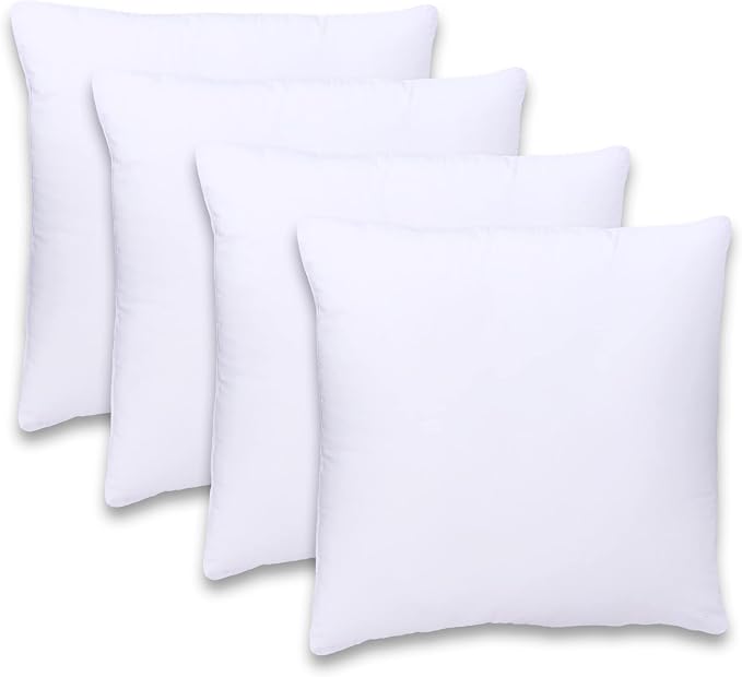 GOLD TEXTILES White Throw Pillows Insert (Pack of 4) - 18 x 18 Inches Polyester Sham Stuffer Throw Pillow - Lightweight Square Indoor Decorative Pillows - Bed and Cushion Couch Pillows