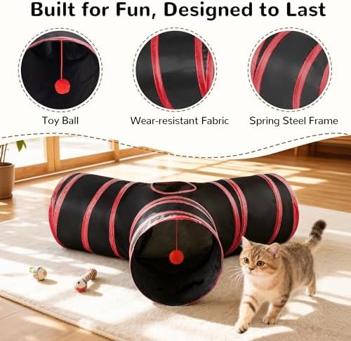 Tempcore Cat Tunnel, 3-Way Collapsible Toy for Indoor Cats, Black & Red