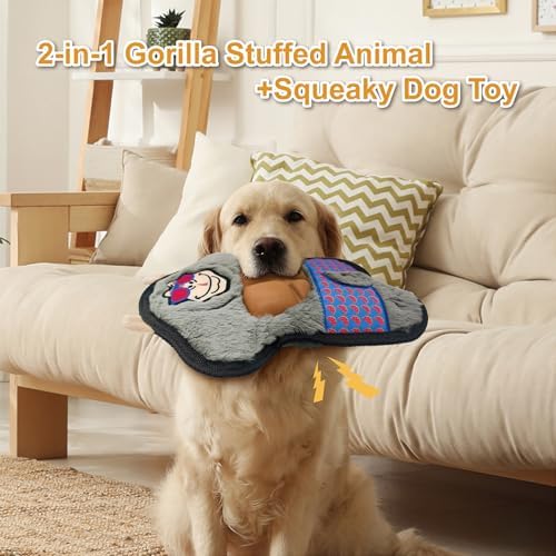11.42 Inch Grey Gorilla Squeaky Dog Toy with TPR Muscles, Plush Chew Toy for Puppy Teething, Interactive Tough Toy for Small Medium Large Dogs