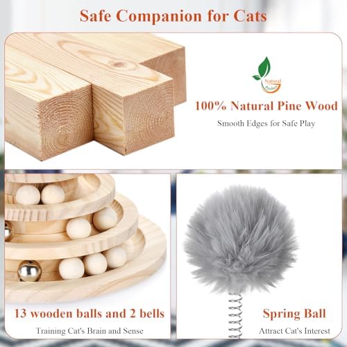 Large Upgraded Cat Track Ball Toy with Bell & Teaser Wand - 3-Layer Tower Roller, Interactive Wooden Cat Toy for Mental & Physical Exercise, Double Fun for Kittens & Adult Cats
