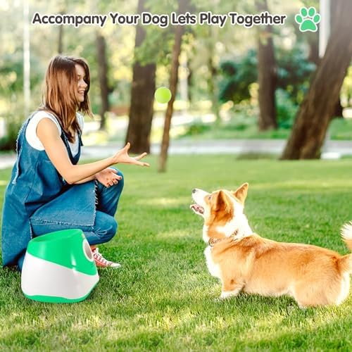 MEKAPLE Automatic Dog Ball Launcher, Dog Ball Thrower with 15 Mini Tennis Balls Sizing 2 Inch and Mesh Bag, Interactive Dog Toys Tennis Ball Launcher for Small Dogs with 3 Distance Settings