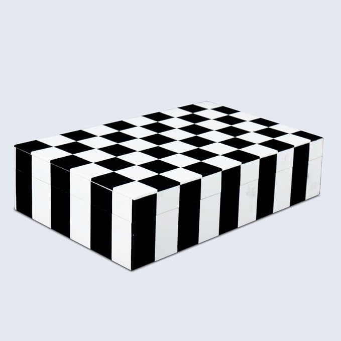 Handicrafts Home Decorative Storage Box with Lid, Black and White Decorative Remote Holder Box, Coffee Table Storage Box for Living Room, Console Table & Shelf Decor, Puzzle Check - 10 x 6 x 2.5