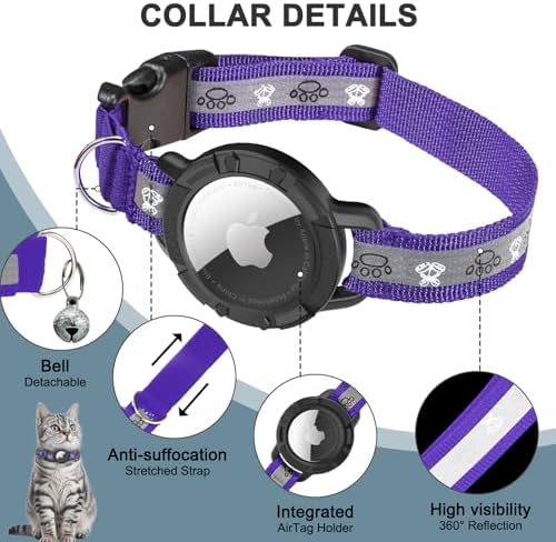 Reflective AirTag Cat Collar, Integrated Cat Collar with Air Tag Holder | Built in AirTag Holder, Adjustable 7-13in for Cats, Kittens and Puppies, Safety Elastic Band, Reflective for Night Walking