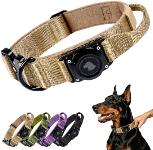 Tactical AirTag Dog Collar with Holder for Medium Large Dogs, Khaki, L