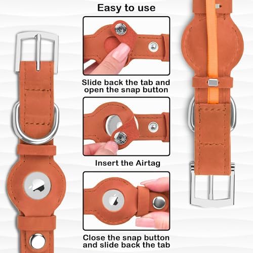 Leather Dog Collar with Airtag Holder - Apple Air Tag Dog Collars - Soft Tracking GPS Pet Collar for Small Medium Large Dogs Breed Puppy (Tawny, S, 9"-12" Neck Fit)