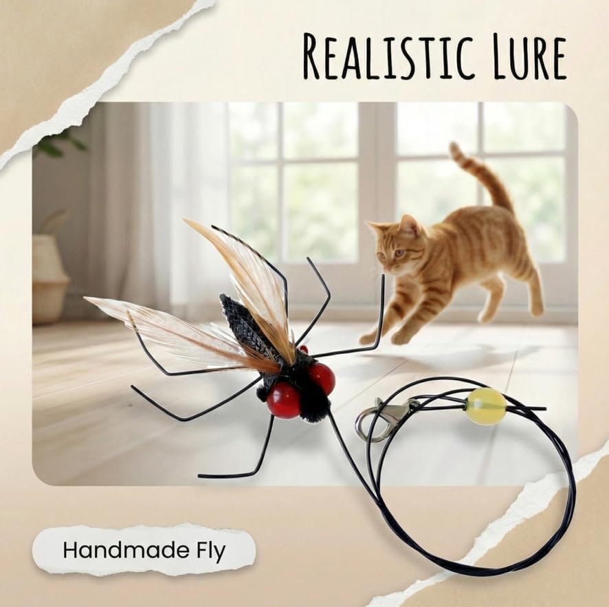 Cat Insect Feather Toys Replacement - 2 Pcs Handmade Natural Flies - Cat Toy Wand Refills - Interactive Kitten Teaser Wand Attachments - Cat Toys for Indoor Cats Play