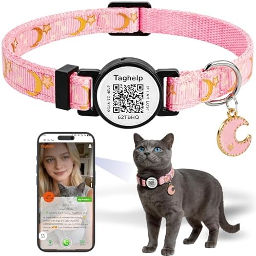 Smart Lost & Found System: Breakaway Cat Collar with Free Lifetime QR Code ID, Adjustable Reflective Kitten Collar (Stars & Moon) - No Monthly Fees, Pink Pet Safety (Pink)