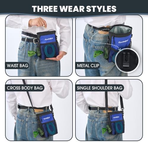 FDog Treat Pouch, 4 Cup Training Bag, Magnetic Closure, 3 Way Wear, Blue | 600D waterproof Oxford fabric, multi pocket storage, zipper and mesh pockets, pull out poop bag dispenser, includes 2 rolls