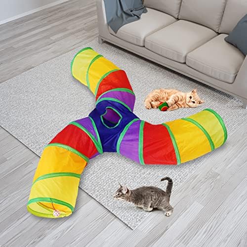 Bemodst S-Type Cat Tunnel, 2 Way/3 Way/4 Way/5 Way Collapsible S-Shape Small Animal Tubes Kitty Tunnels Interactive Maze House Toy with Storage Bag for Kitten Puppy Rabbit Guinea Pig (Rainbow-3 Way)