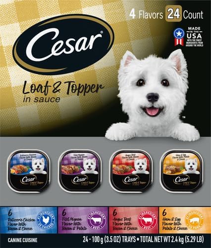 Cesar Loaf in Sauce Wet Dog Food Rotisserie Chicken,Filet Mignon,Angus Beef,and Ham & Egg Flavors Variety Pack,Wet Food for Dogs,3.5 oz Easy Peel Trays,24 Count (Pack of 2)