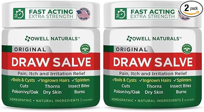 OWELL NATURALS Drawing Salve Ointment for Boil & Cyst Removal, Deep Ingrown Hair, Splinter Remover, Bug Spider Bites, Bee Sting, Mosquito Itching, Poison Ivy, 1 fl Oz (Pack of 2)