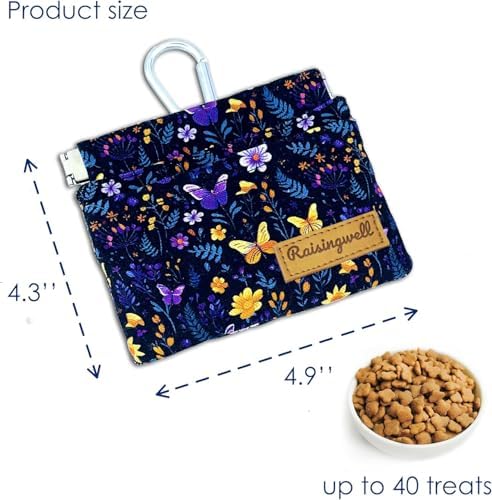 Raisingwell Dog Treat Pouch, Pocket Sized Pet Training Pouch, Cotton Fabric, Hand Free Purple Flower Dog Walking Bag with Carabiner, Self-Closing Pet Feed Snack Reward, for Puppy Travel or Outdoor Use