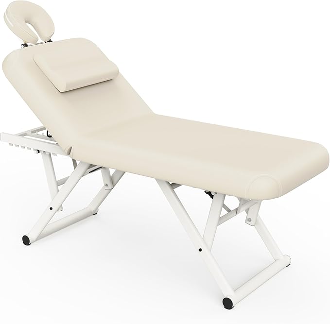 pouseayar Adjustable Massage Table with Face Pillow & Headrest, Sturdy and Solid, Silent and Easy to Adjust for Treatment Table Physical Therapy Table Spa Facial Bed - Adjustable Backrest, Beige Gray