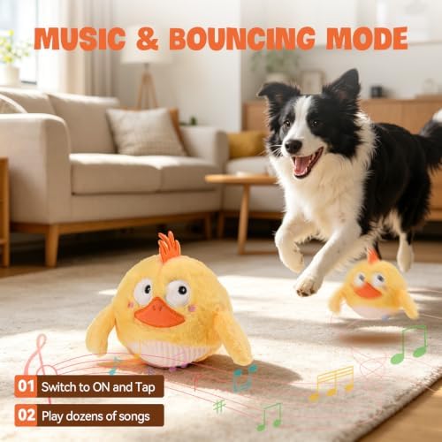 AUSCAT Interactive Moving Puppy/Cats Toys,Plush Bouncing Ball | Music & Recording | Rechargeable Self-Play Toys for Indoor Cats and Small Dogs to Keep Them Busy (Chicken)