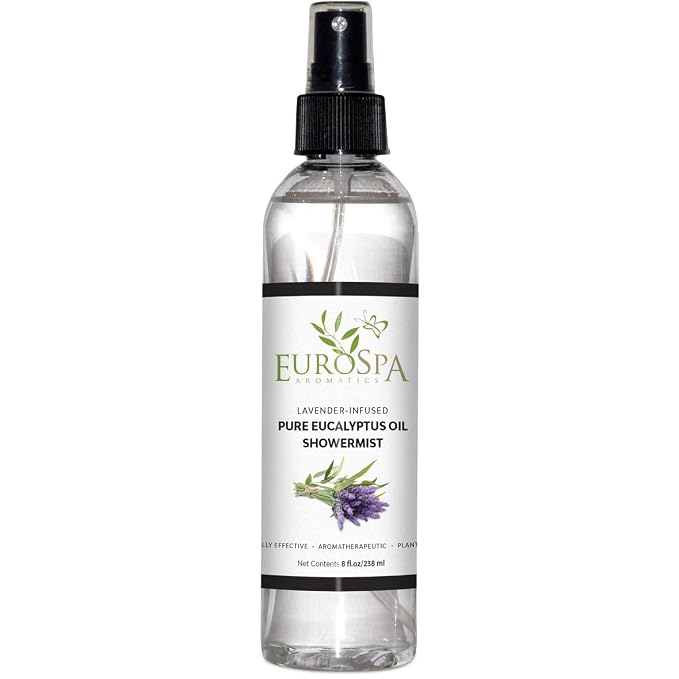 EuroSpa Aromatics Pure Eucalyptus Oil ShowerMist and Steam Room Spray, All-Natural Premium Aromatherapy Essential Oils - Lavender Infused, 8oz