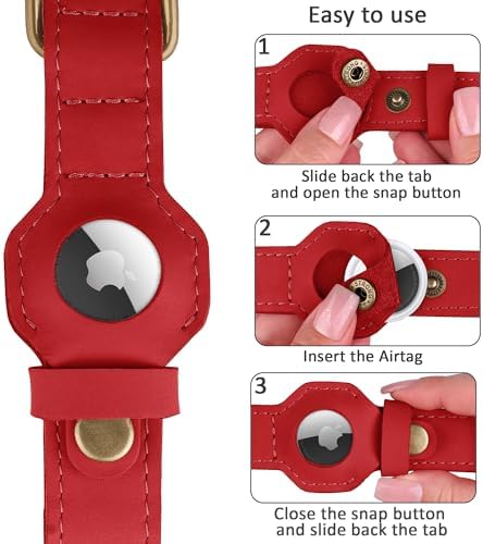 AirTag Dog Collar - Genuine Leather Dog Collar with Apple AirTag Holder and Metal Buckle - Smart GPS Tracking Pet Collars (Red, M, 14"-18" Neck Fit)