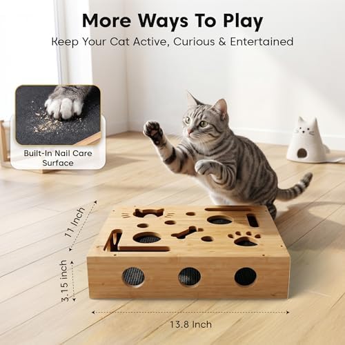 Bamboo Cat Scratch Puzzle Enrichment Box, Interactive Cat Nail File Box with Sandpaper, 3 Bell Balls & Teaser Wand, Durable Eco-Friendly Scratcher Toy for Indoor Cats, Stress-Free Nail Filing