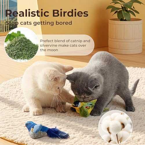 2-pack catnip cat toys that stimulate indoor cats' natural hunting instincts,Interactive plush bird toy with realistic chirping sounds to tease your cat (Brown artificial bird + green artificial bird)