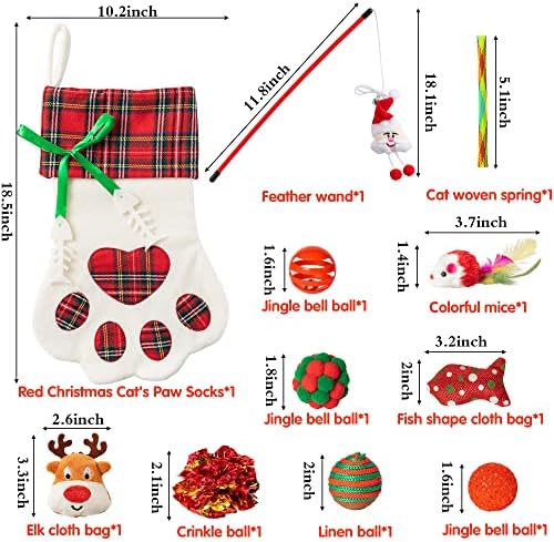 MALLMALL6 11Pcs Christmas Cat Stocking Toys Interactive Cat Toys Pack Including Feather Teaser Wand Catnip Mouse Crinkle Bells Ball Spring Toys for Indoor Cats, Christmas Hanging Stocking for Pet Cats