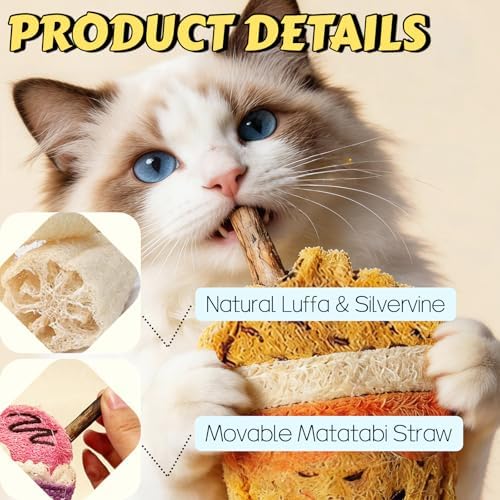 Natural Loofah Chew Cat Toys Janpanese Style, Dental Care Silvervine Sticks for Indoor Cats and Kittens, Milk Tea Cup-Shaped Catnip Treat Toys (Green)