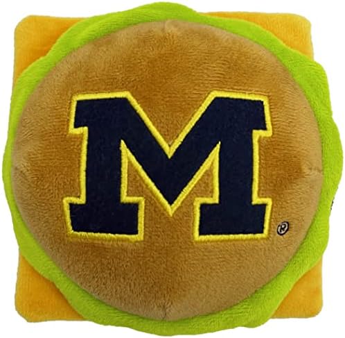 NCAA MICHIGAN WOLVERINES CHEESE BURGER PLUSH DOG & CAT SQUEAK TOY - Cutest STADIUM HAMBERGER SNACK Plush Toy for DOGS & CATS with INNER SQUEAKER & Beautiful Football/Basketball Team Name/Logo