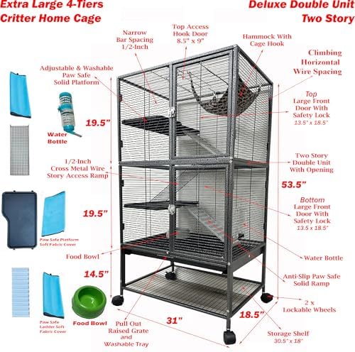 X-Large 31"x18.5"x53.5"H 4-Tiers Deluxe Two Full Story Double Unit Double Large Front Doors Tight 1/2-Inch Wire Spacing for Feisty Ferret Hammock Chinchilla Cat Sugar Glider Critter Cage On Wheels