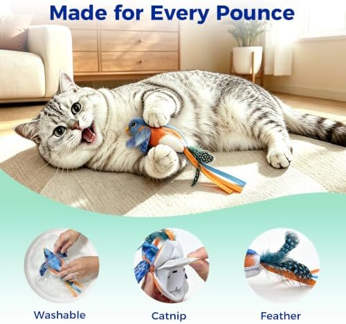 Interactive Flapping Bird Cat Toy for Indoor Cats, Auto Chirping Cat Toys, Touch Activated Rechargeable Self Play for All Breeds Cat Kicker Toys, with 5 Bird Covers and Catnip Pouches