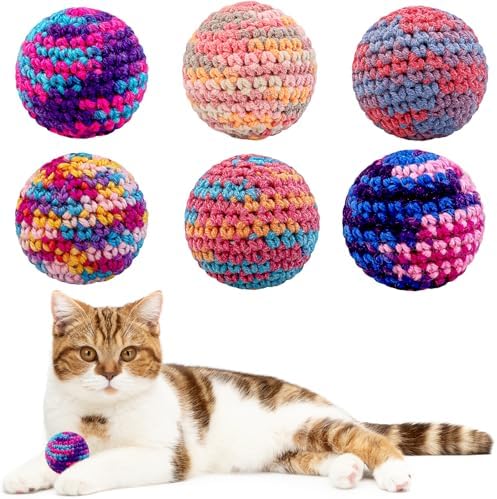 Cats Ball Toy with Bell Inside, 6Pcs Colorfull Hand-Made Knitted Yarn Woolen Cat Toys Jingle Bell Balls, Kitten Indoor Interactive Toys for Hunting/Kicking/Chasing