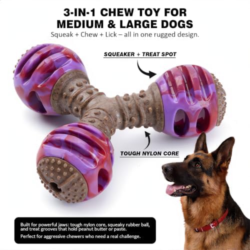 MECOOL Durable Dog Chew Toys for Medium Dogs - Squeaky Rubber Balls with Nylon Reinforcement, Interactive Lick & Chew Toy for Aggressive Chewers, Pet Teething Toy Red,Bacon Flavored