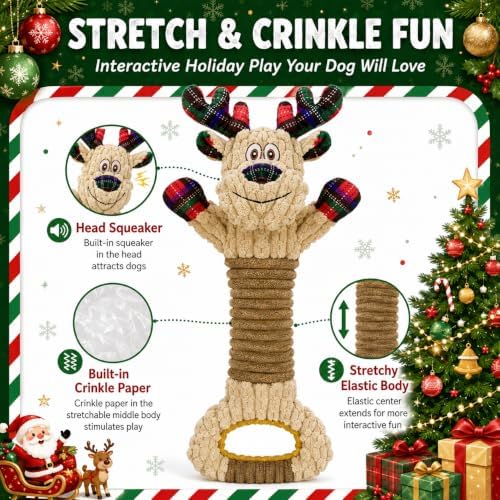 Christmas Squeaky Elk Dog Toys- Plush Tug of War Dog Toy for Large Breed- Interactive Dog Toys with Crinkle to Keep Them Busy- Training and Reduce Boredom