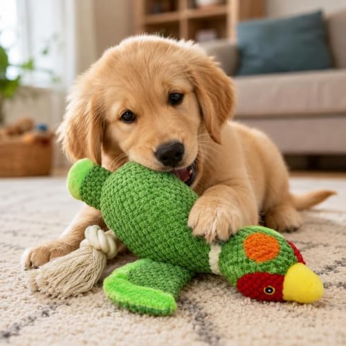 Dog Squeaky Toys Plush Mallard Duck Dog Chew Toy with Knotted Rope Tassels, Teething Interactive Tug Toy for Small, Medium and Large Dogs