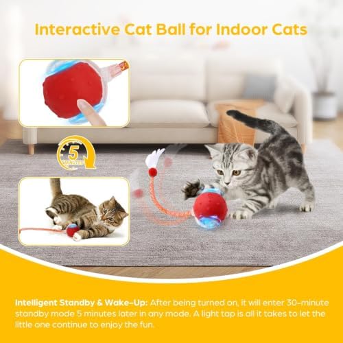 Interactive Cat Toy Ball,2 pcs 3 Speed Modes Automatic Moving Cat Toy Balls,Automatic Rolling Rechargeable Cat Toy for Indoor Cats Bored Adult & Kittens-Red and Blue
