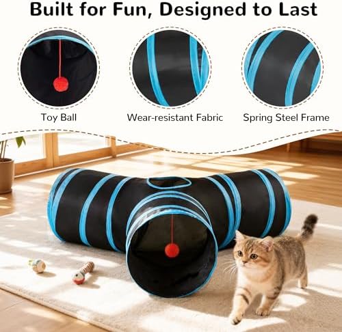 Tempcore Cat Tunnel, 3-Way Collapsible Toy, Medium Size Black & Blue