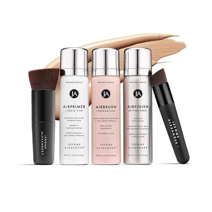 MagicMinerals AirBrush Foundation Set by Jerome Alexander - Complete 5pc Spray Makeup Set with Foundation, Primer, and Setting/Finishing Spray - for Smooth, Radiant Skin (Warm Medium)