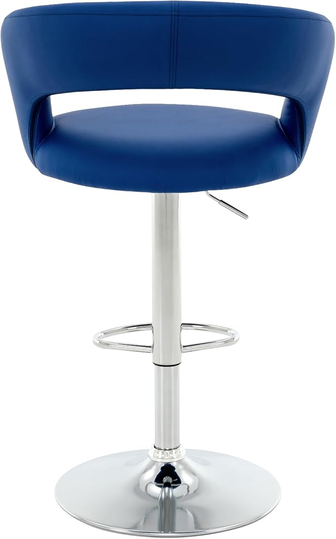 Brage Living Wide Bar Stool, Modern PU Leather Swivel Adjustable Barstool with Hollow Back and Arms, Upholstered Airlift Counter Height Bar Chair for Kitchen Dining (Blue, Chrome Base)