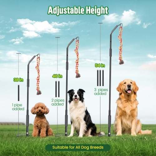 Tether Tug Outdoor Dog Rope Toy, Adjustment Height Upgraded Spring Pole, Includes 3 Chew Ropes, Interactive Tug of War Toy for Large Medium Small Dogs, Exercise Game in Yard, Lawn, Park