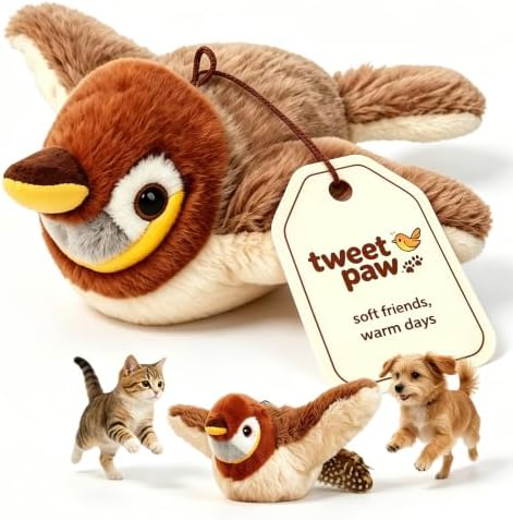Tweet Paw Cat Toy Interactive Flapping Bird with Real Chirping Sounds, Motion Activated Realistic Sparrow for Indoor Cats, USB Rechargeable, Washable with Catnip Pouch